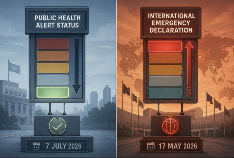Split-panel illustration contrasting a July 2026 alert being lifted with a May 2026 international emergency declaration.
