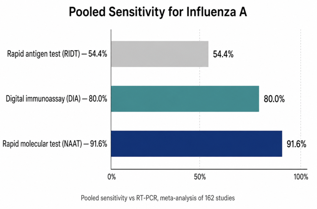 Bar chart comparing rapid antigen, digital immunoassay, and rapid molecular test sensitivity for influenza A