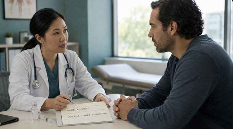 Physician reviewing a two-dose chickenpox vaccine for adults schedule with an adult patient