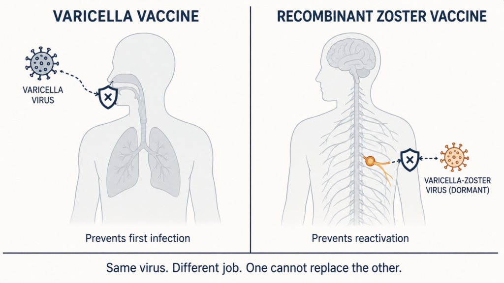 Diagram comparing how the chickenpox vaccine for adults prevents first infection while the shingles vaccine prevents reactivation