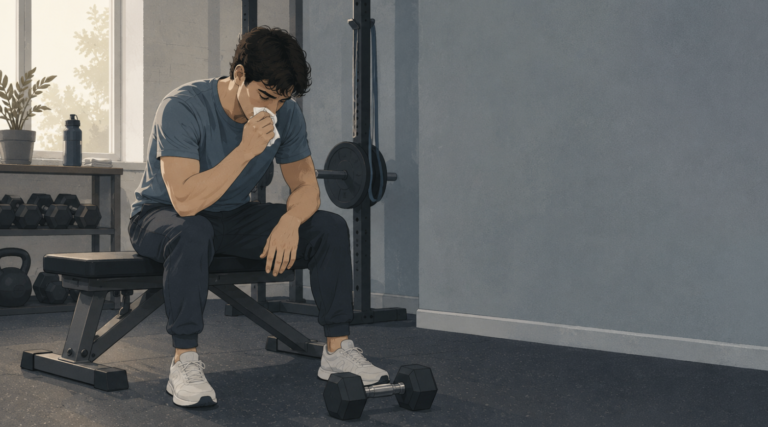 Man deciding whether to lift weights while training with a cold
