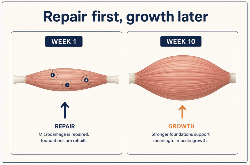 Diagram contrasting early repair response with later muscle growth response