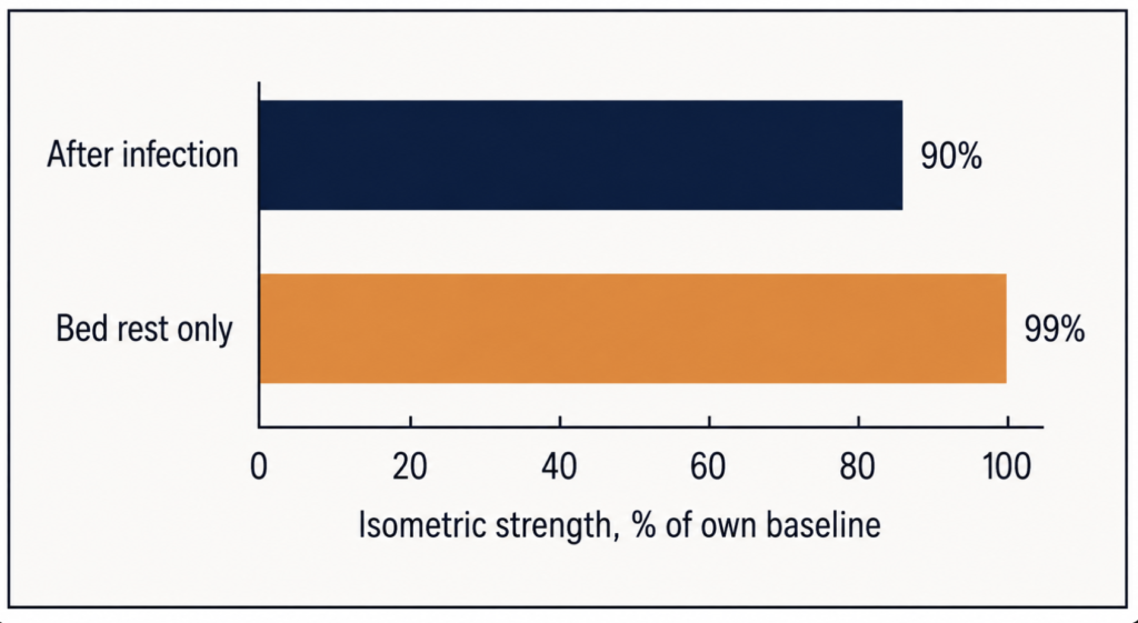 Bar chart comparing isometric strength after infection versus after bed rest alone