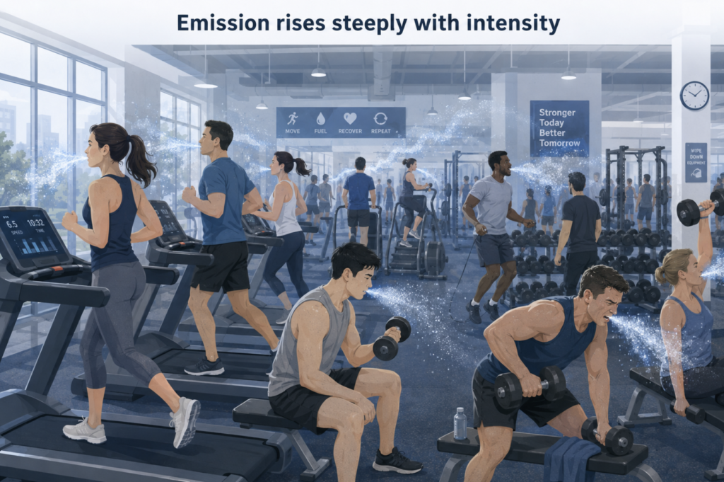 Crowded indoor gym showing exhaled aerosol drifting between people exercising