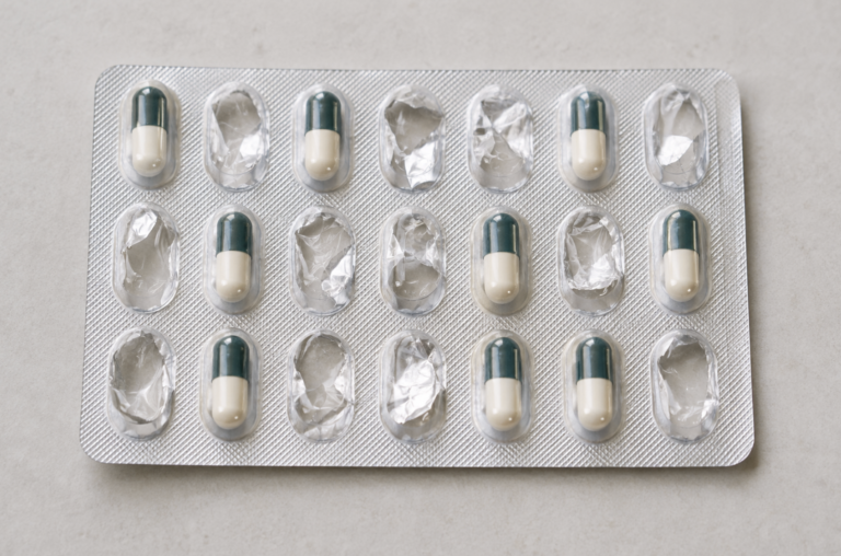 A blister pack of antibiotic capsules with several doses taken and several untouched in an irregular pattern, illustrating uneven adherence to a prescribed course during an upper respiratory infection.