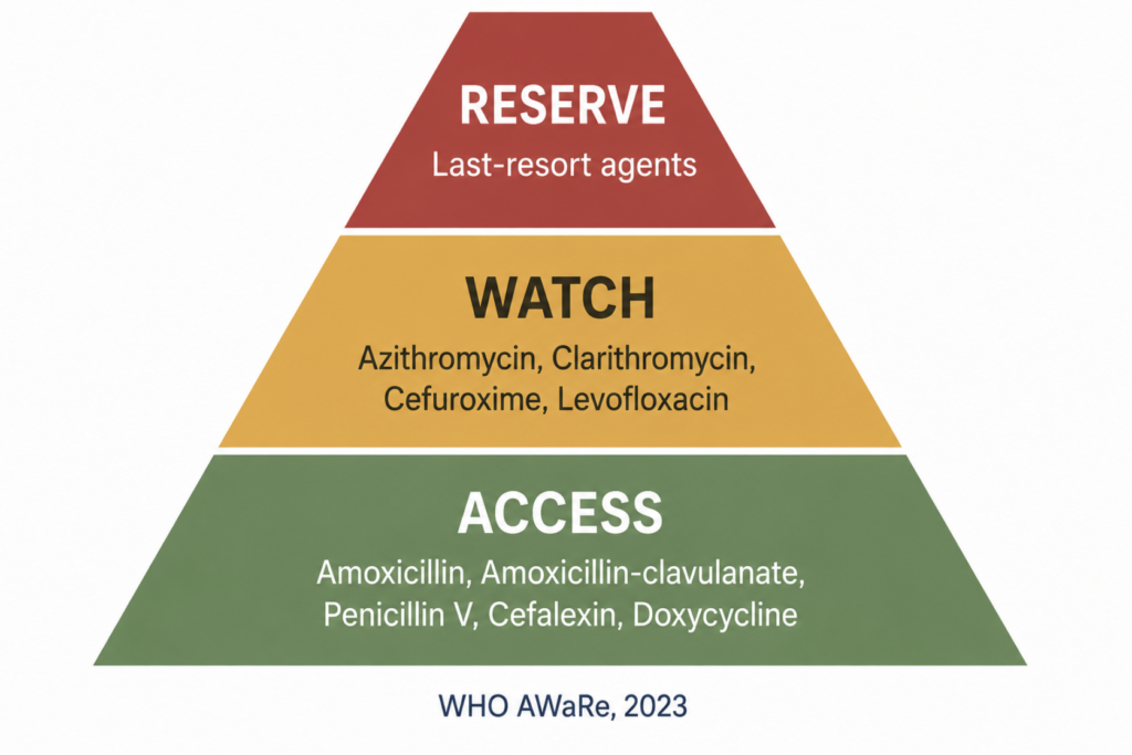 A three-tier diagram of the WHO AWaRe classification showing Access, Watch, and Reserve groups with representative antibiotics used in upper respiratory infection placed in each tier.
