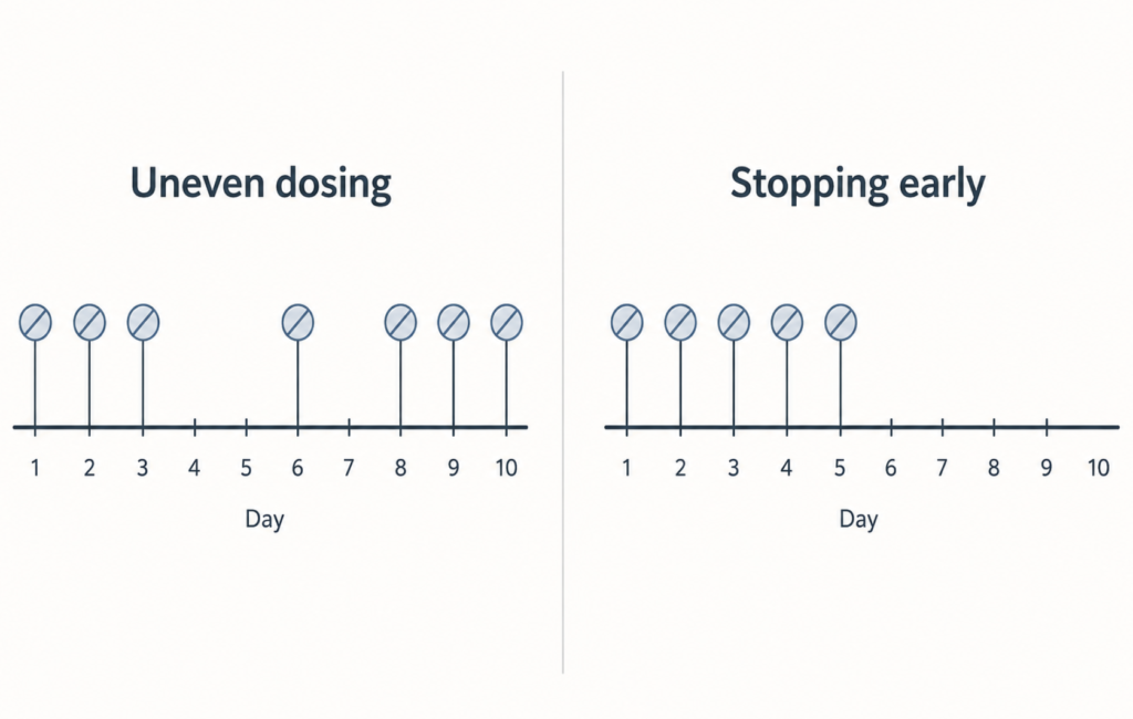 A two-panel comparison contrasting uneven dosing across a full course with a course stopped early, presented as two different behaviours rather than one.
