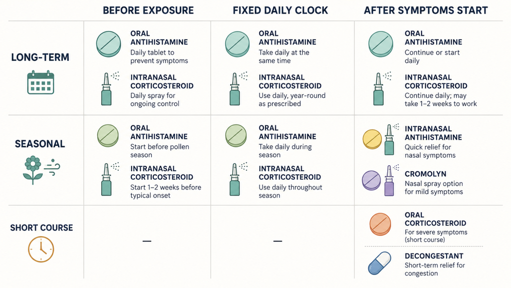Matrix chart showing when to take allergic rhinitis medication by exposure timing and treatment duration