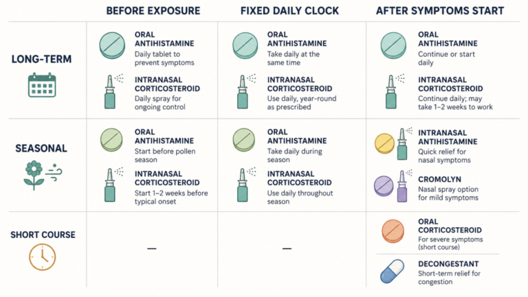 Matrix chart showing when to take allergic rhinitis medication by exposure timing and treatment duration