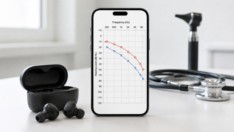 Galaxy Buds Hearing Aid earbuds beside a smartphone showing a sloping high-frequency audiogram on a clinical desk