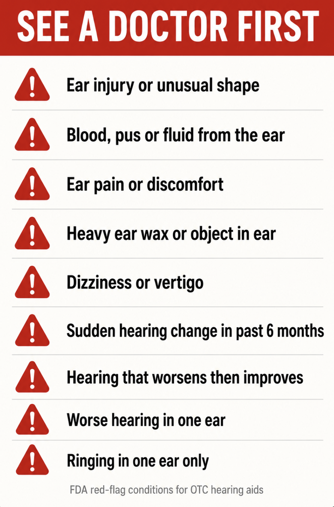 Checklist of nine FDA red-flag conditions that require seeing an ENT before using an OTC hearing aid