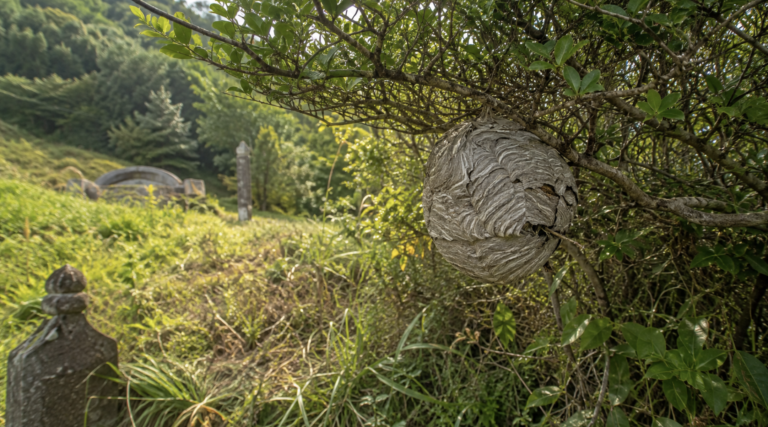 Wasp nest hidden in late-summer undergrowth, the setting where most insect bite anaphylaxis begins