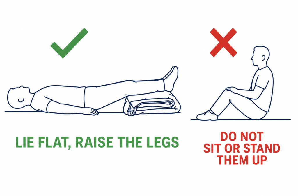 Correct first aid position for insect bite anaphylaxis: lying flat with legs raised, not sitting upright