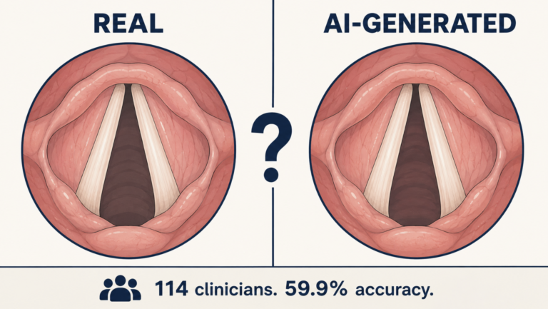 Split-panel illustration comparing real and AI-generated laryngoscopy images, with a question mark between them