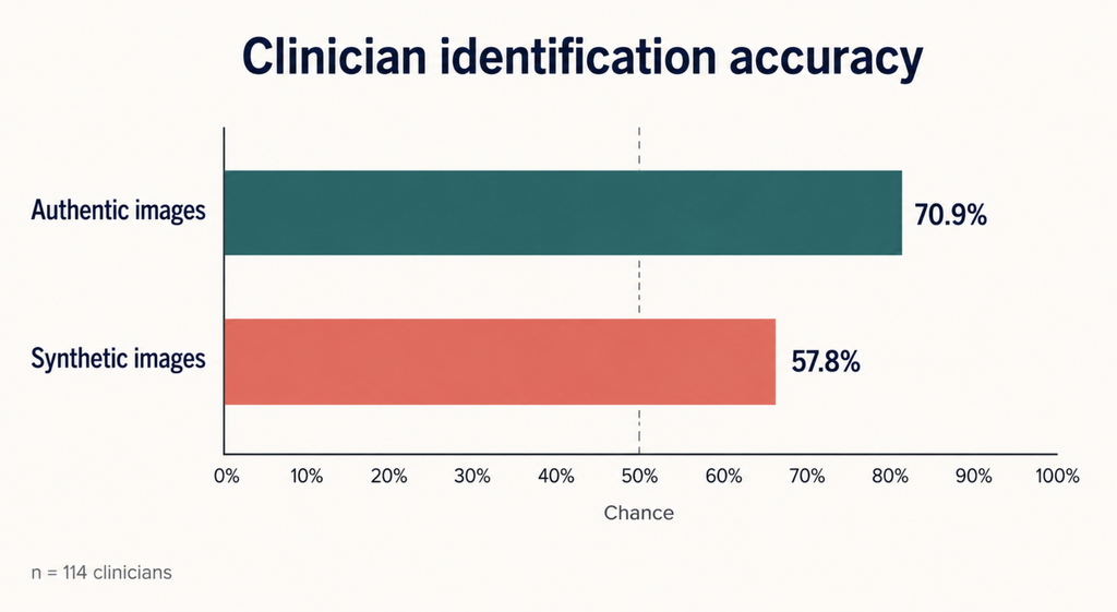 Bar chart showing clinicians identified authentic images 70.9% of the time versus 57.8% for AI-generated laryngoscopy images