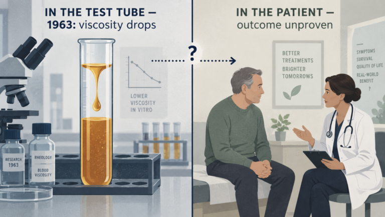 Do mucolytics actually work — a 1963 test-tube viscosity result on the left, an unproven patient outcome on the right, connected by a broken arrow