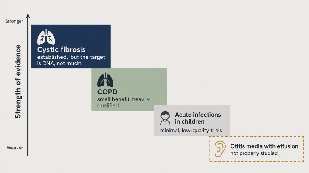 Strength of evidence for mucolytic therapy across four clinical settings, from cystic fibrosis at the top to otitis media with effusion at the bottom