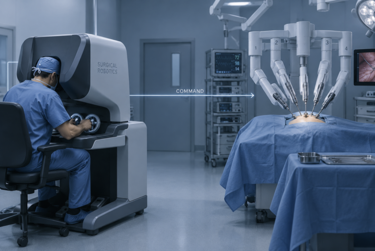 A surgeon seated at a robotic surgical console several meters from the operating table, with the patient-side robotic arms visible in the background, illustrating that the surgeon's hands remain in control of every movement. Explanation of robotic surgery.