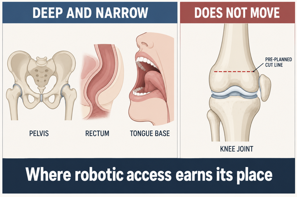 A diagram grouping the surgical fields with the highest robotic use, showing the two shared conditions: anatomy that is deep and narrow, or a target that does not deform during surgery.