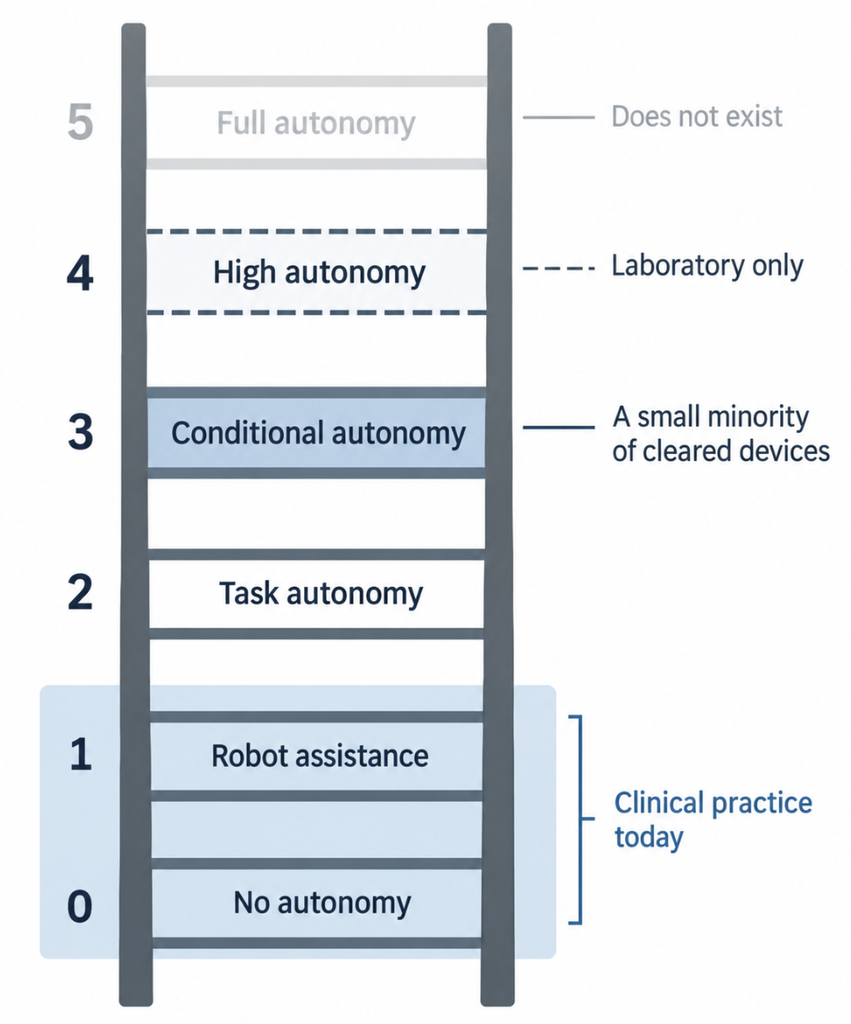 A ladder diagram showing six levels of surgical autonomy from Level 0 to Level 5, with current clinical systems marked at the bottom rungs and recent laboratory experiments marked in the middle.