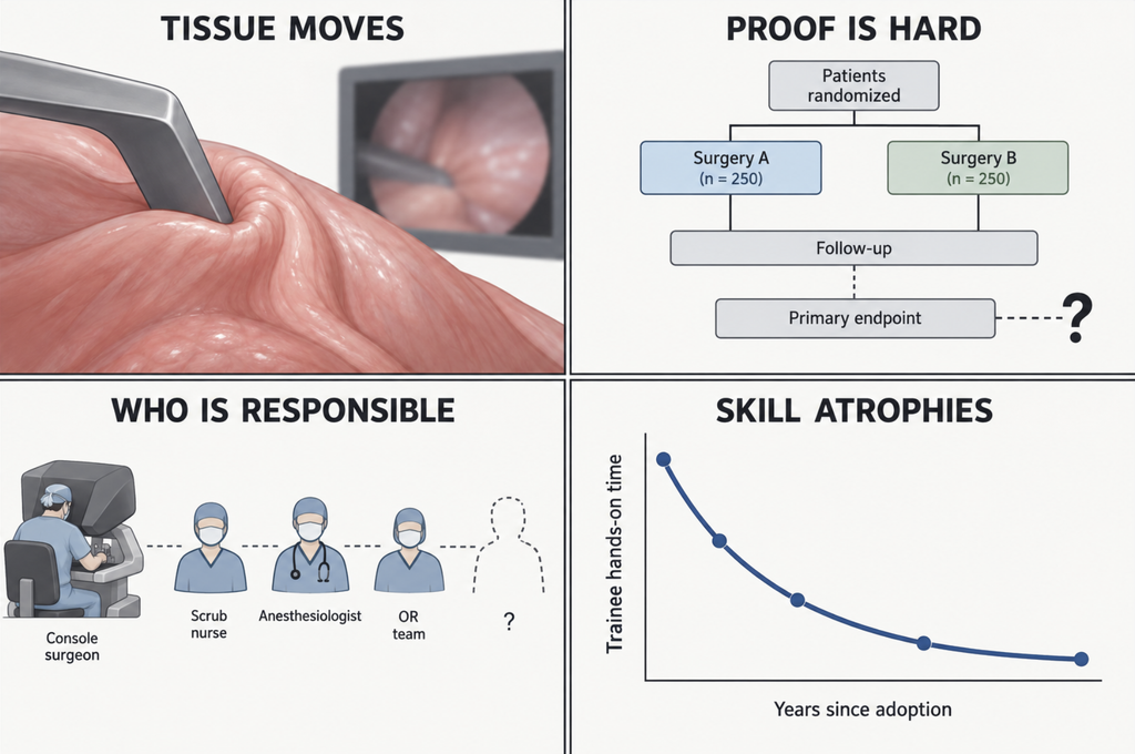 A four-panel illustration of the barriers to autonomous surgery: deforming soft tissue, obscured surgical view, unresolved regulation and liability, and the erosion of human surgical skill.