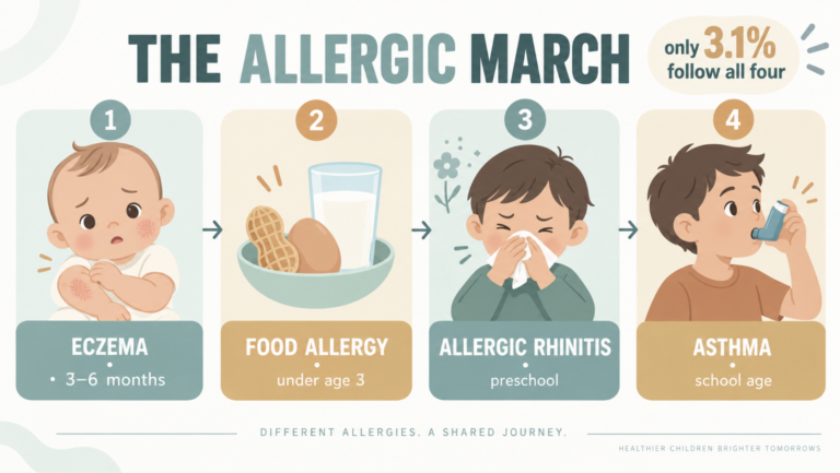 Infographic banner of the allergic march showing eczema, food allergy, allergic rhinitis, and asthma by age with a 3.1% callout
