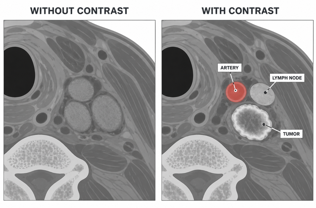 Diagram showing how contrast separates artery, lymph node, and tumor that look identical on a non-contrast scan