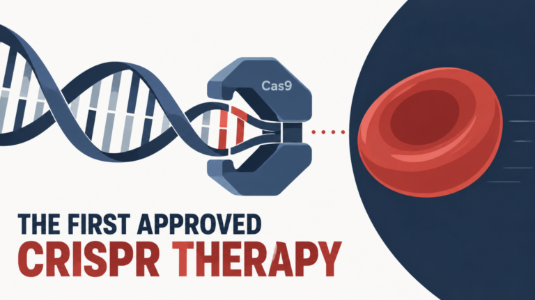 The first approved CRISPR therapy illustrated as CRISPR-Cas9 editing DNA to produce healthy red blood cells