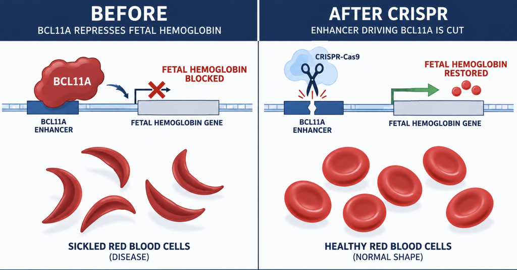 Diagram showing CRISPR disabling the BCL11A enhancer to restore fetal hemoglobin and produce healthy red blood cells
