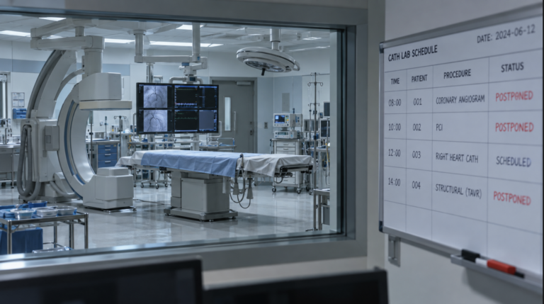 Empty cardiac catheterization lab with three procedures marked postponed on the schedule board after a medical device cyberattack
