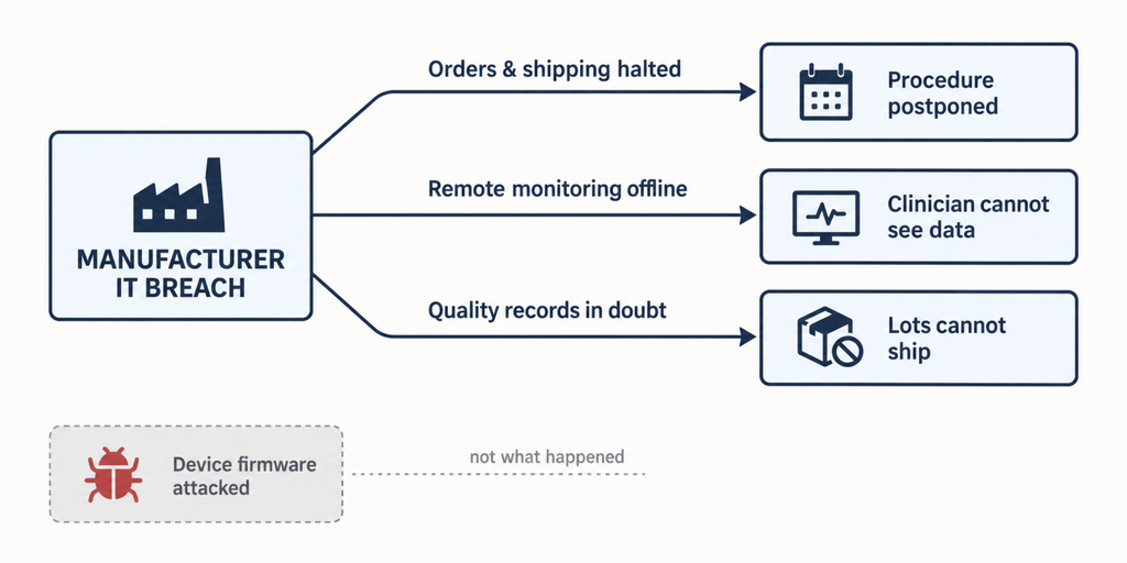 Diagram of three pathways from a medical device cyberattack to patient impact, with device firmware attack shown as the path that did not occur