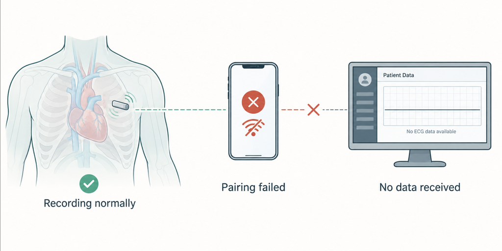 Illustration showing an insertable cardiac monitor recording normally while pairing failure prevents data from reaching the clinic