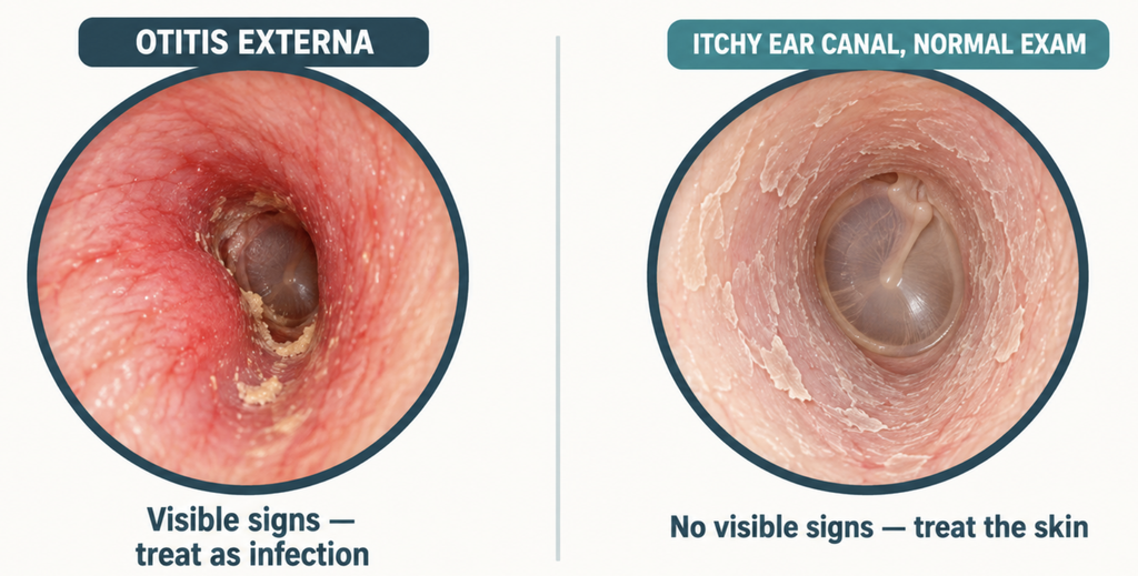 Otoscopic comparison of an inflamed canal in otitis externa and an itchy ear canal with a normal exam