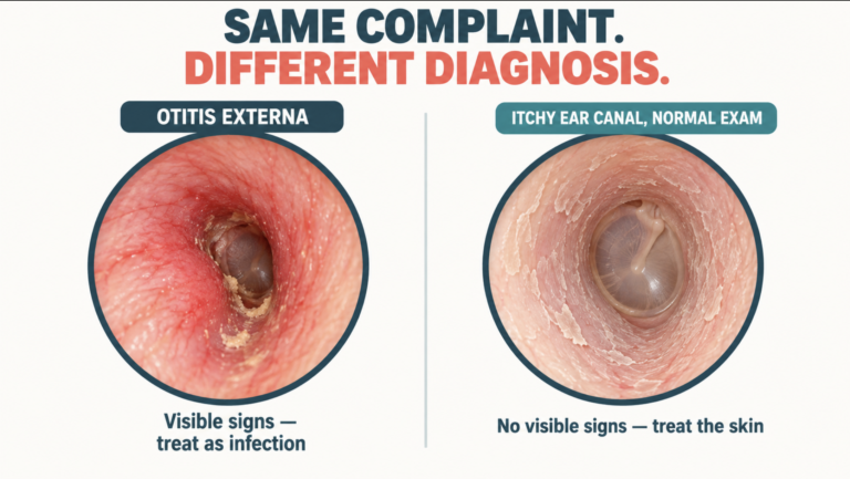 Otoscopic comparison of an inflamed canal in otitis externa and an itchy ear canal with a normal exam