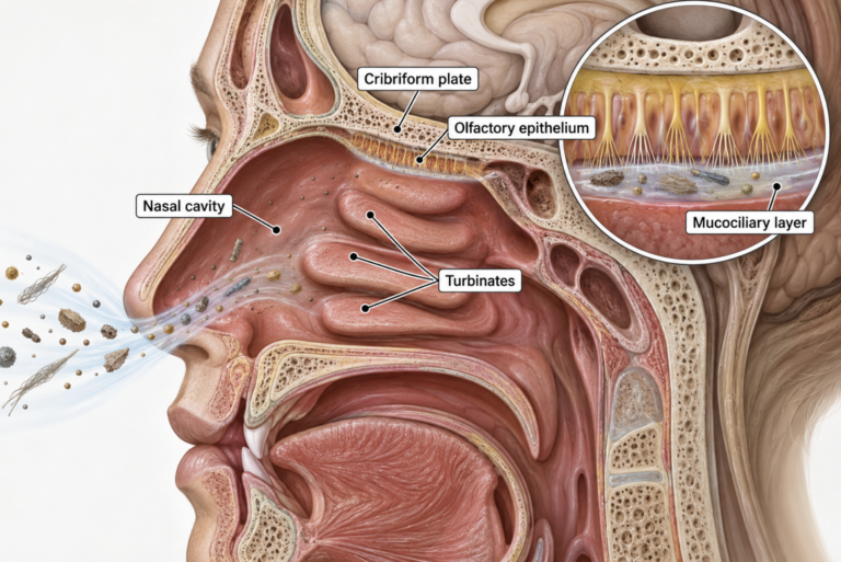 Sagittal cross-section of the nasal cavity, sinuses, olfactory epithelium and cribriform plate, showing the upper airway as the first filtration barrier for inhaled particles.