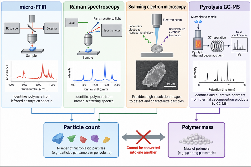 Comparison of four microplastic detection methods, showing that particle-count and polymer-mass results are not interchangeable.