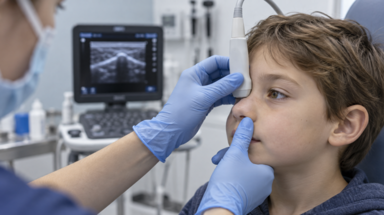 Clinician performing ultrasound for nasal bone fracture on a child's nasal bridge with a linear probe