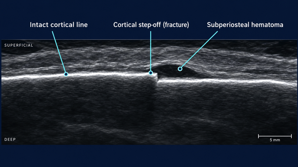 Annotated ultrasound showing cortical step-off and subperiosteal hematoma in nasal bone fracture