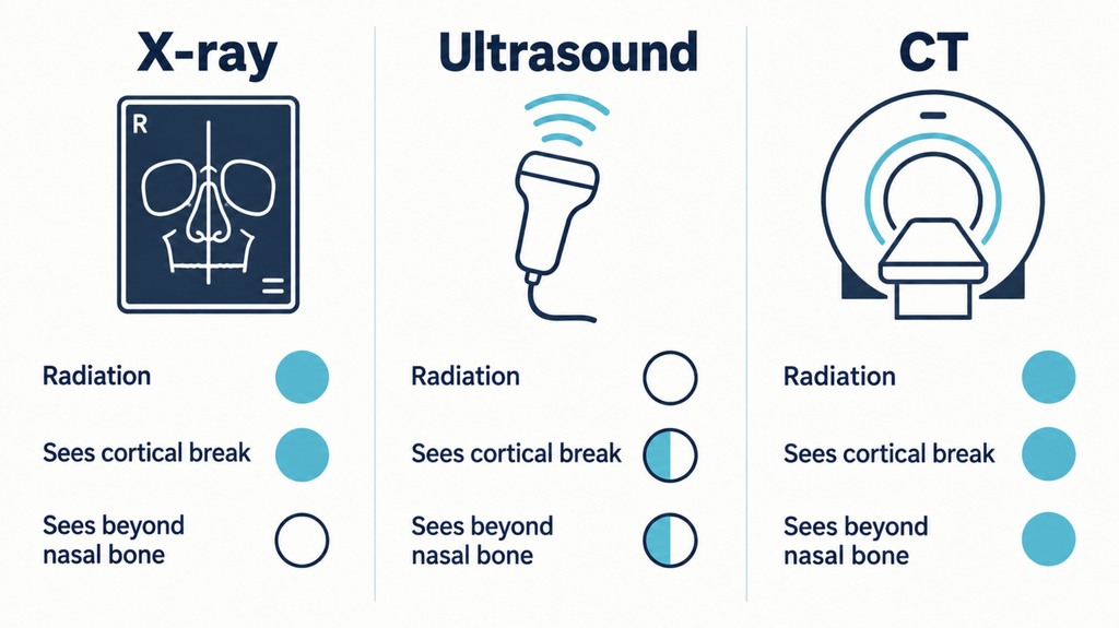 Comparison chart of X-ray, ultrasound, and CT for nasal bone fracture assessment