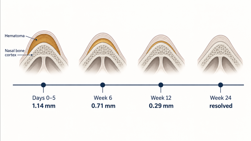 Timeline showing subperiosteal hematoma thinning and resolving over 24 weeks after nasal bone fracture