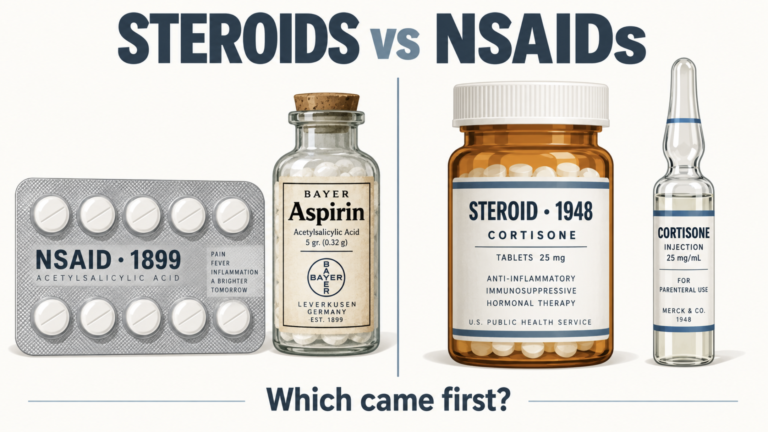 Steroids vs NSAIDs comparison showing an NSAID blister pack dated 1899 beside a steroid bottle dated 1948
