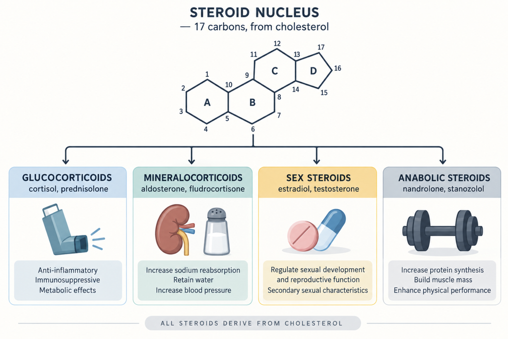 Diagram of the four-ring steroid nucleus branching into glucocorticoids, mineralocorticoids, sex steroids and anabolic steroids