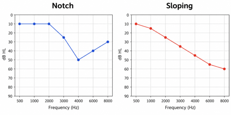 Audiogram comparison showing a classic 4 kHz notch alongside a down-sloping age-related pattern.