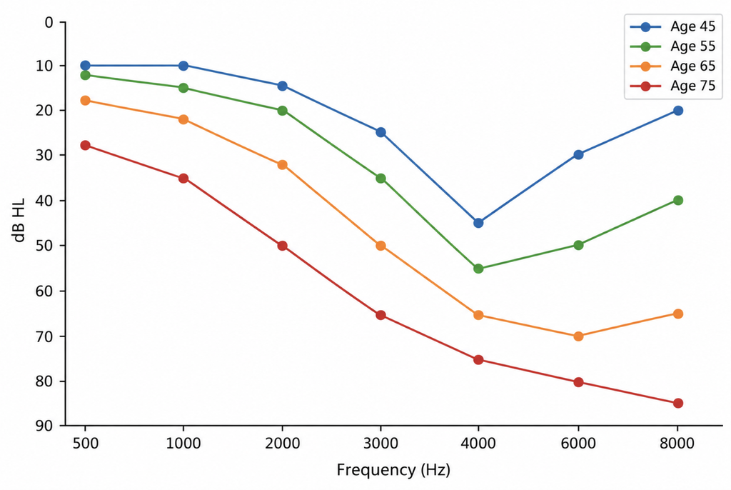 Audiograms across decades showing a 4 kHz notch filling in as age-related loss deepens the 8 kHz threshold.