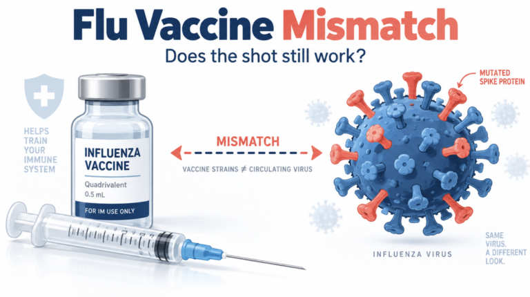 Flu vaccine mismatch illustration showing a vaccine vial beside a mutated influenza virus
