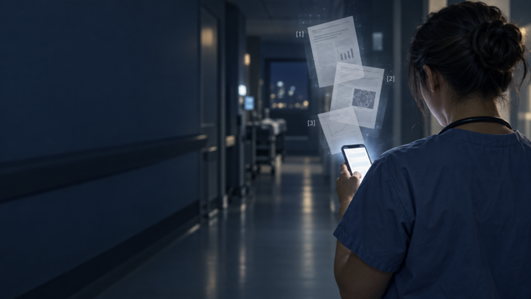 A physician in a dim hospital corridor at night checking a smartphone, with a faint overlay of journal pages and citation markers, representing point-of-care evidence search.