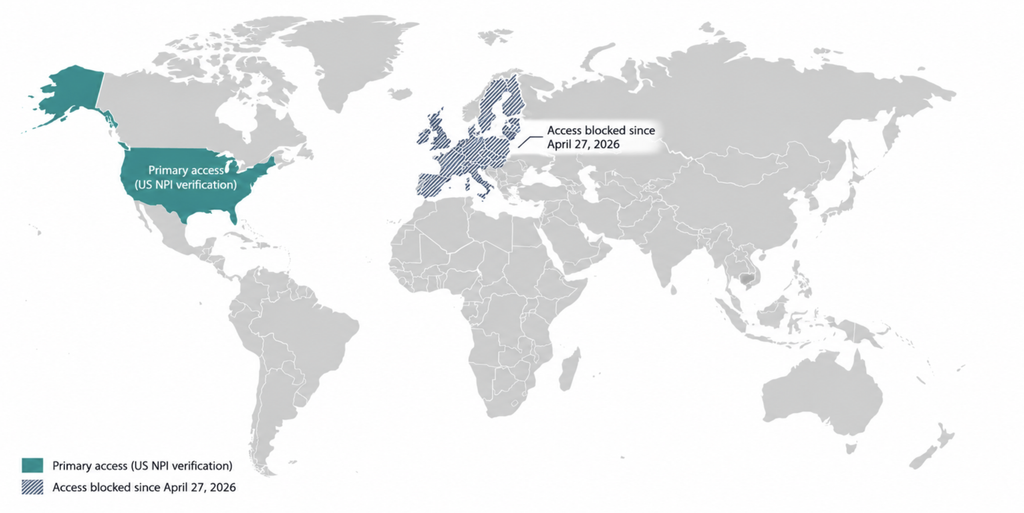 A world map with the United States highlighted as the primary access region, and Europe and the United Kingdom shaded to indicate a geoblock from April 2026.