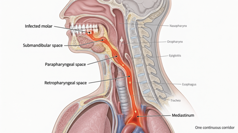 Anatomical diagram of tooth infection spread to neck spaces and down into the mediastinum