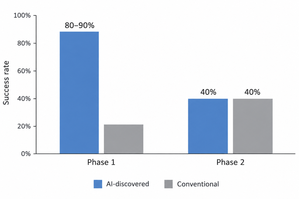 Bar chart where AI-discovered drugs lead in Phase 1 (~80–90%) but match conventional drugs in Phase 2 (~40%).