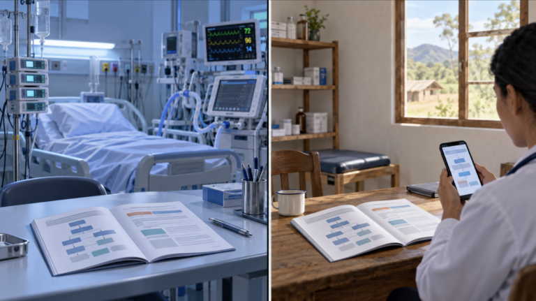 the same printed clinical guideline lies open in two rooms side by side, a fully equipped intensive care unit and a small daylight-lit rural clinic where a doctor reads it on a smartphone, showing that one piece of evidence lands in very different settings.